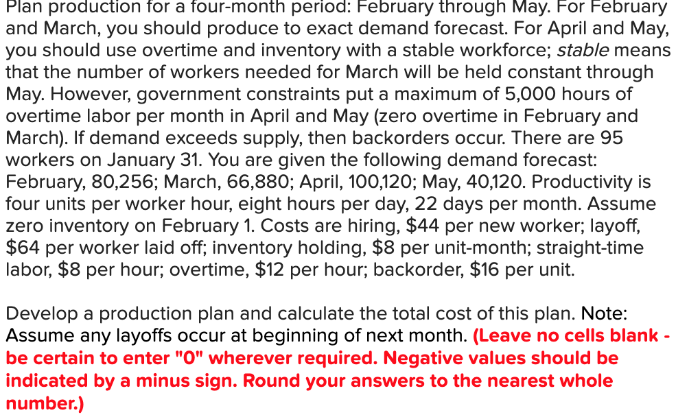 Plan production for a four-month period: February