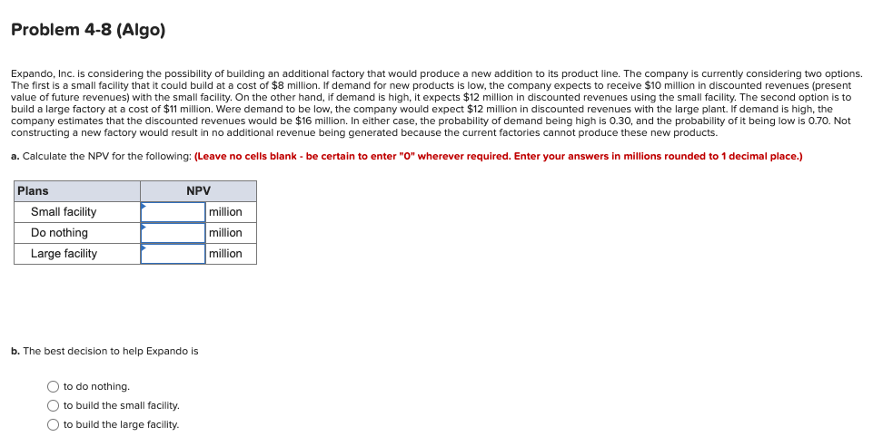 Problem 4-8 (Algo) Expando, Inc. is considering