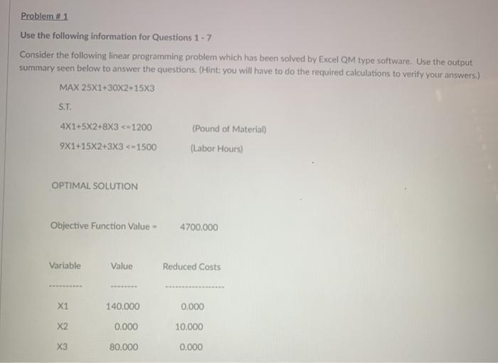 Problem #1 Use the following information for