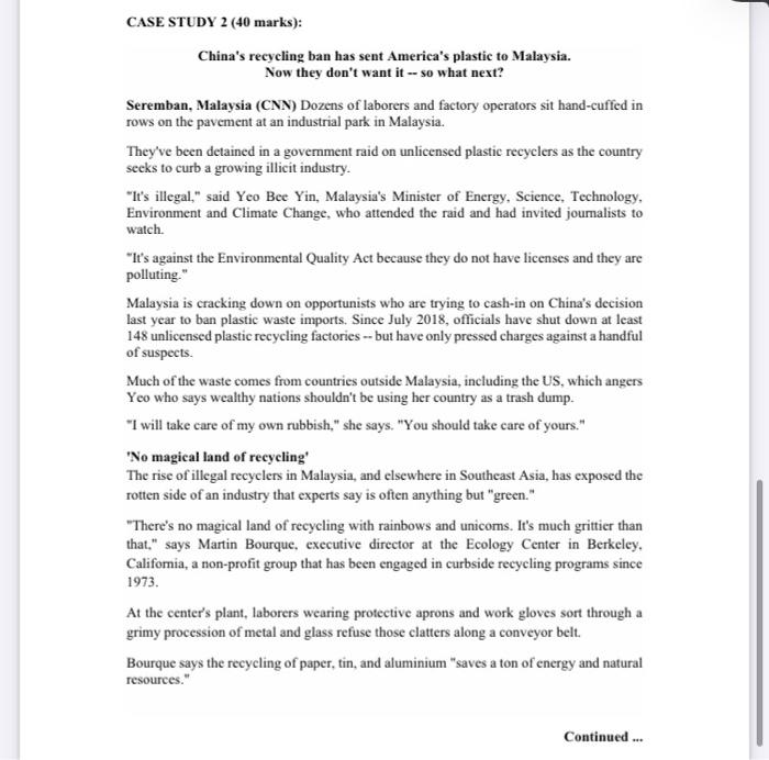 CASE STUDY 2 (40 marks): China's recycling ban