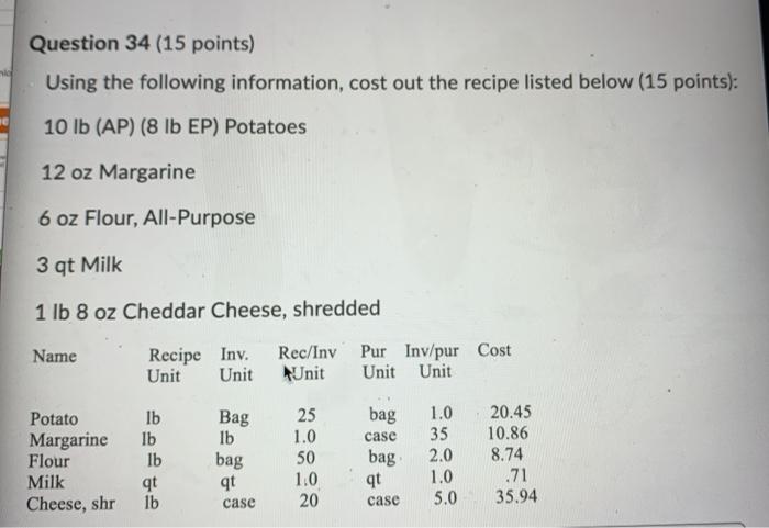 Question 34 (15 points) Using the following