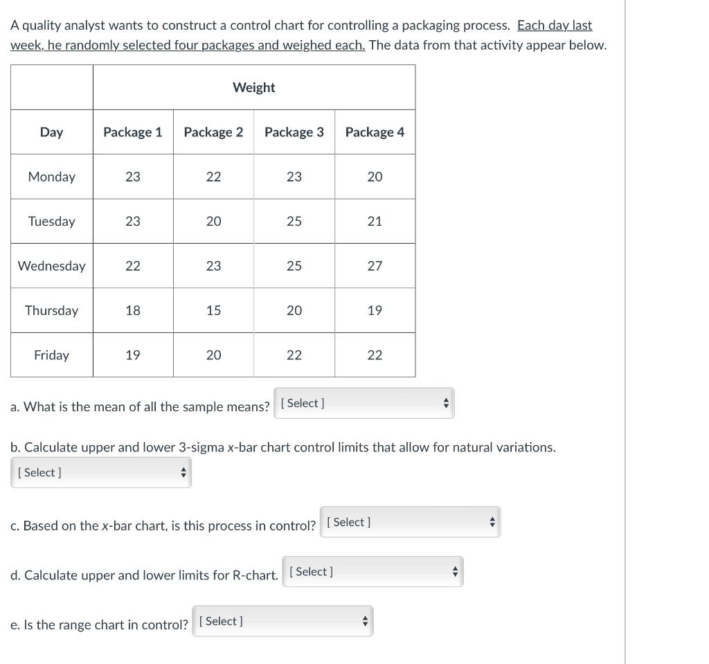 A quality analyst wants to construct a control