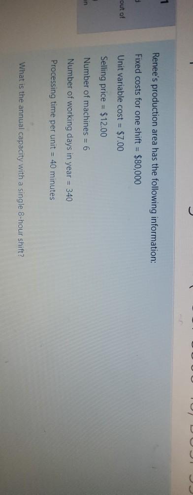 1 Renee's production area has the following