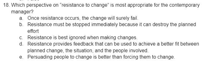 18. Which perspective on resistance to change" is