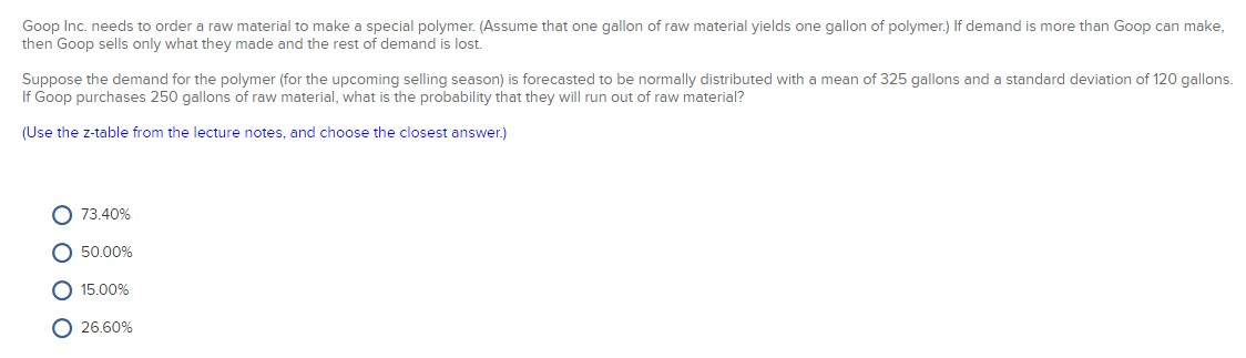 Goop Inc. needs to order a raw material to make a