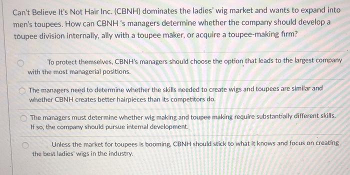 Can't Believe It's Not Hair Inc. (CBNH) dominates