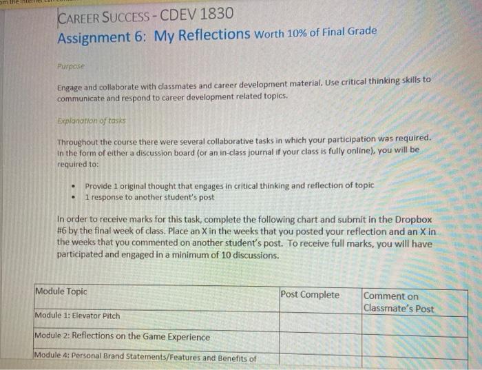 CAREER SUCCESS - CDEV 1830 Assignment 6: My