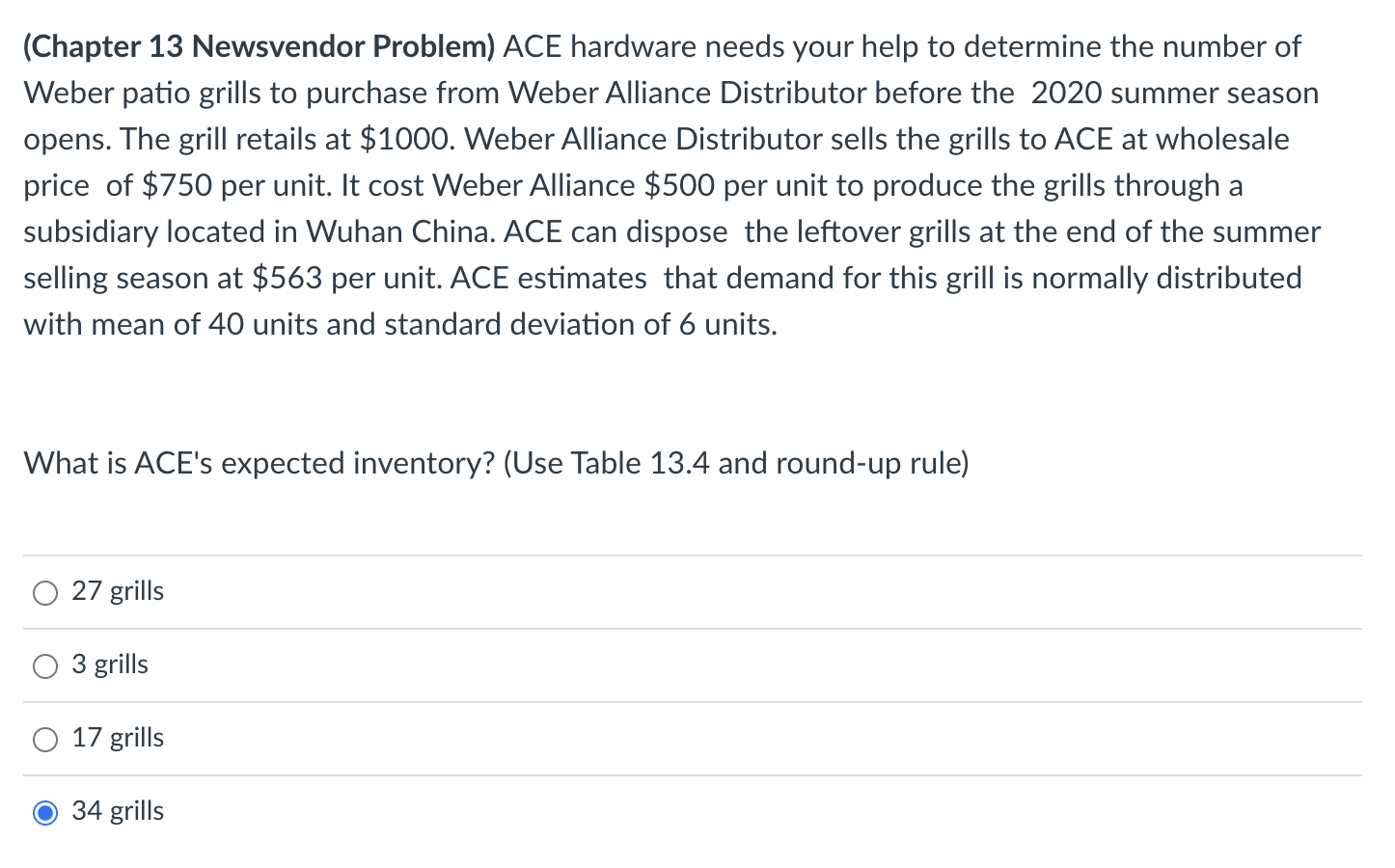 (Chapter 13 Newsvendor Problem) ACE hardware