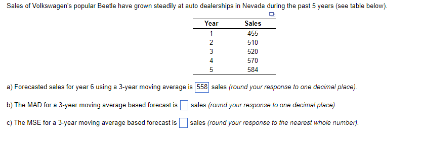 Forecasted sales for year 6 using a 3-year moving