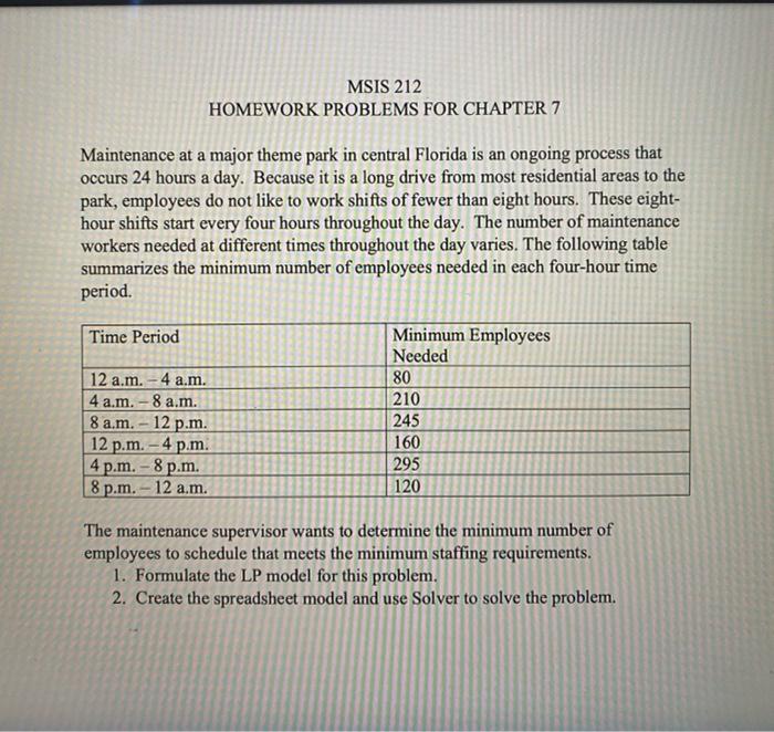 MSIS 212 HOMEWORK PROBLEMS FOR CHAPTER 7