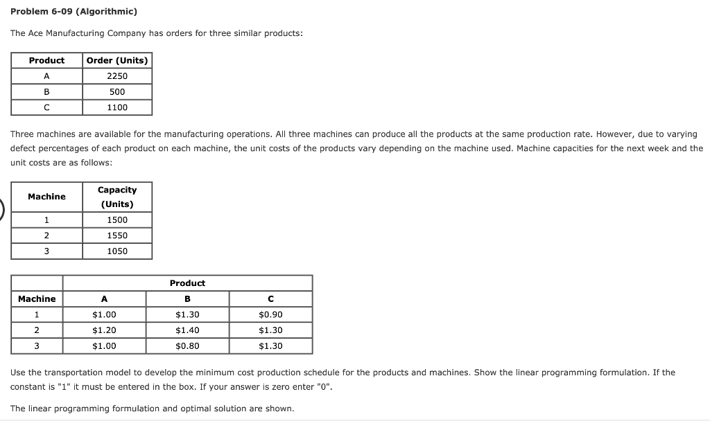 Problem 6-09 (Algorithmic) The Ace Manufacturing