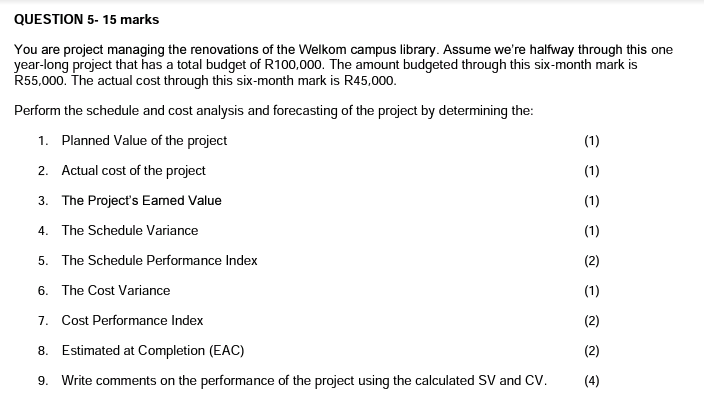 QUESTION 5- 15 marks You are project managing the