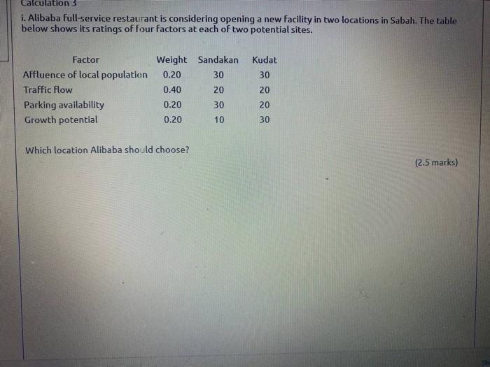 Calculation 3 i. Alibaba full service restaurant