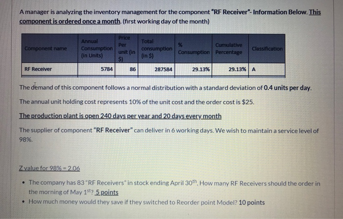 A manager is analyzing the inventory management