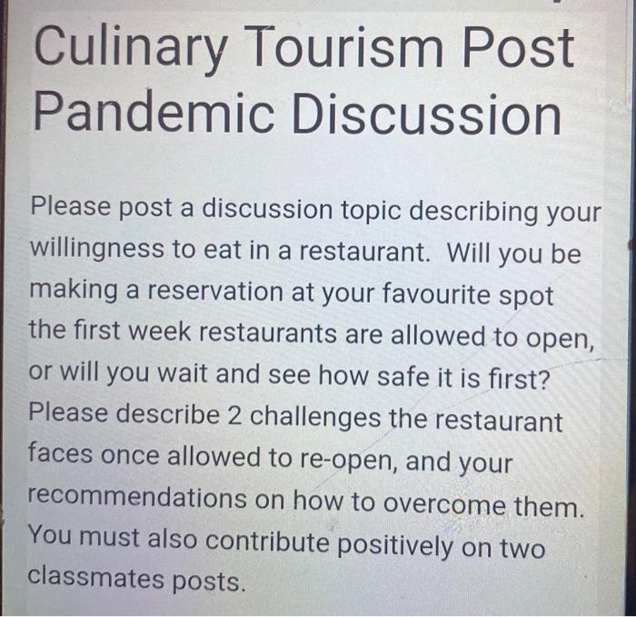 Culinary Tourism Post Pandemic Discussion Please