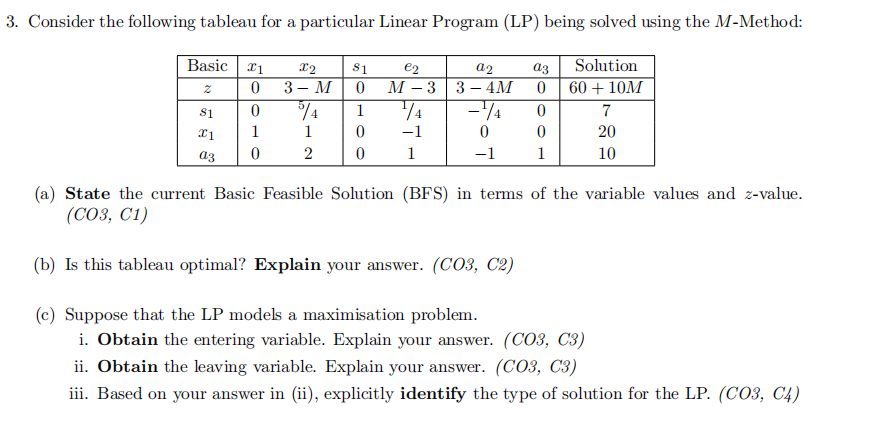 3. Consider the following tableau for a