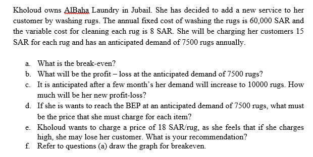 answer part (d, e, f) Kholoud owns AlBaha Laundry