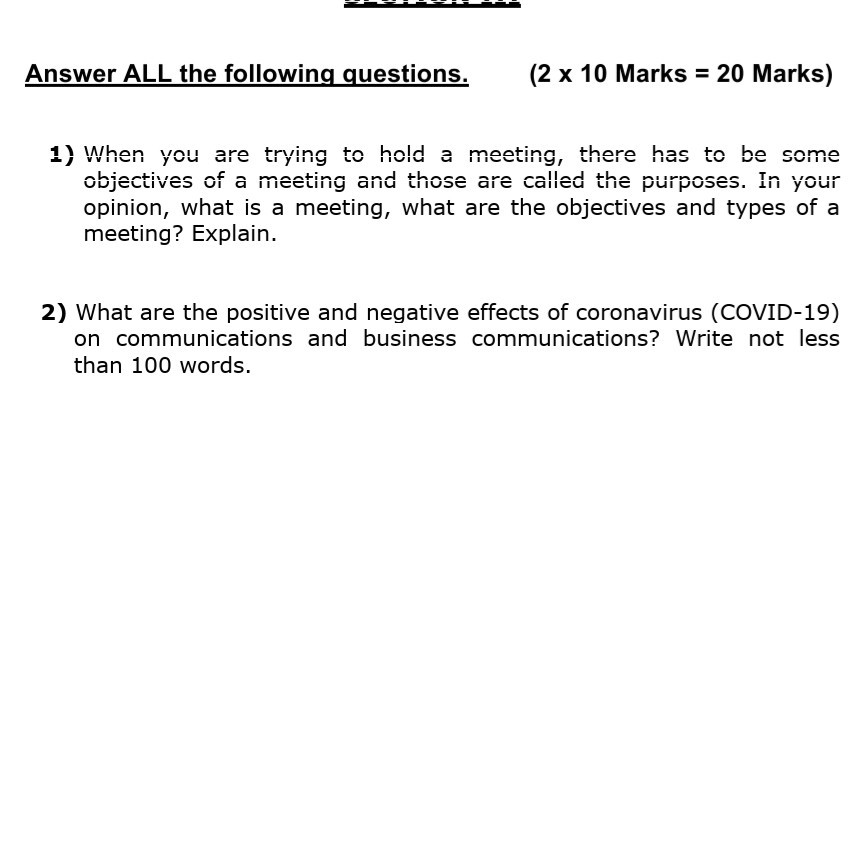 Answer ALL the following questions. (2 x 10 Marks