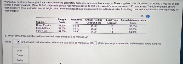 Wanda Lux must select a supplier for a plastic