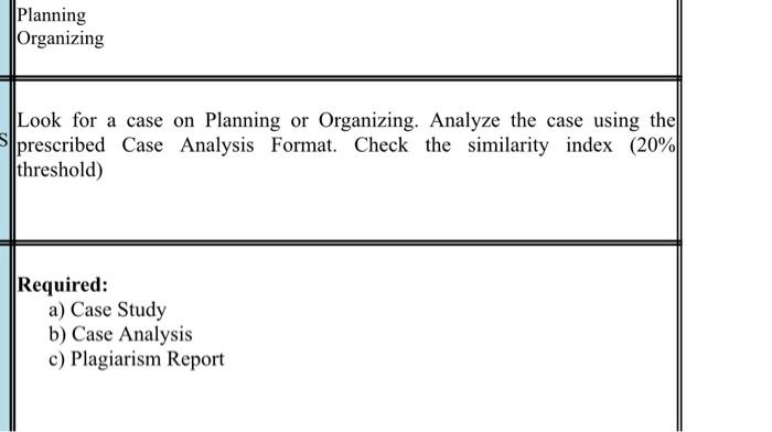 Planning Organizing Look for a case on Planning