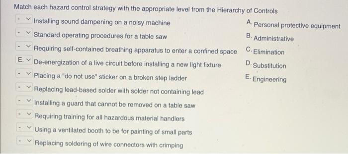 Match each hazard control strategy with the