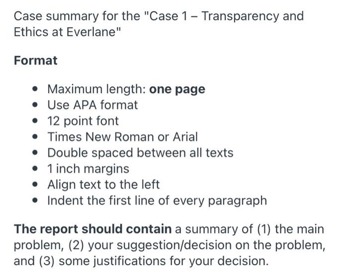 Case summary for the "Case 1 - Transparency and