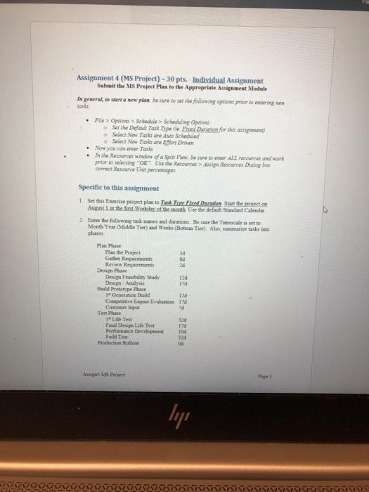 Assignment 4 (MS Project) - 30 pts. Individual