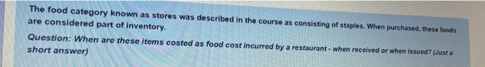 course name : cost control The food category
