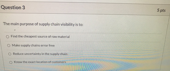Question 3 5 pts The main purpose of supply chain