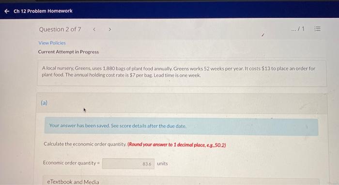 + Ch 12 Problem Homework .../1 Question 2 of 7