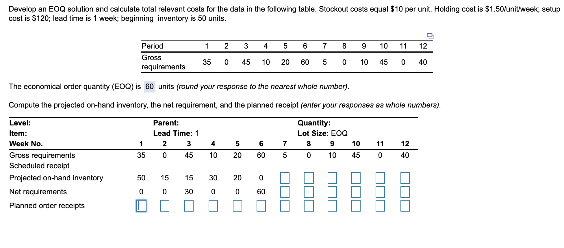 Need answers to blanks, thank you! Develop an EOQ