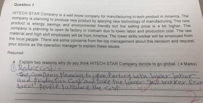 Question 1 HITECH STAR Company is a well know