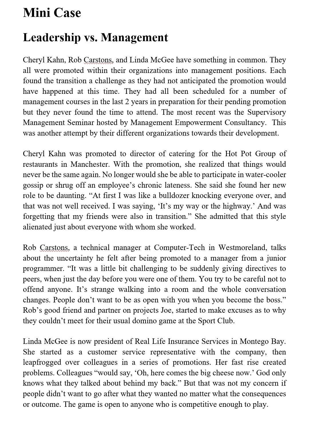 Mini Case Leadership vs. Management Cheryl Kahn,