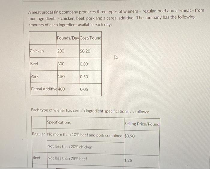 A meat processing company produces three types of