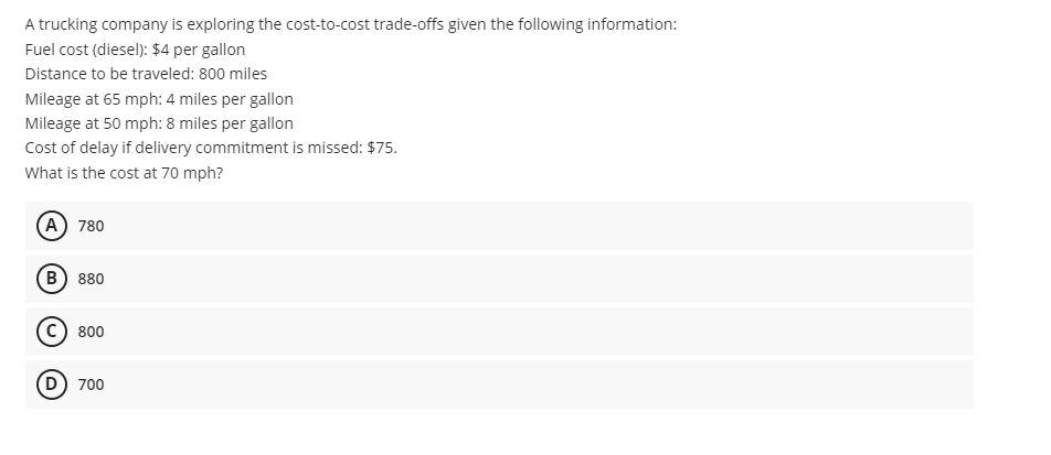 A trucking company is exploring the cost-to-cost