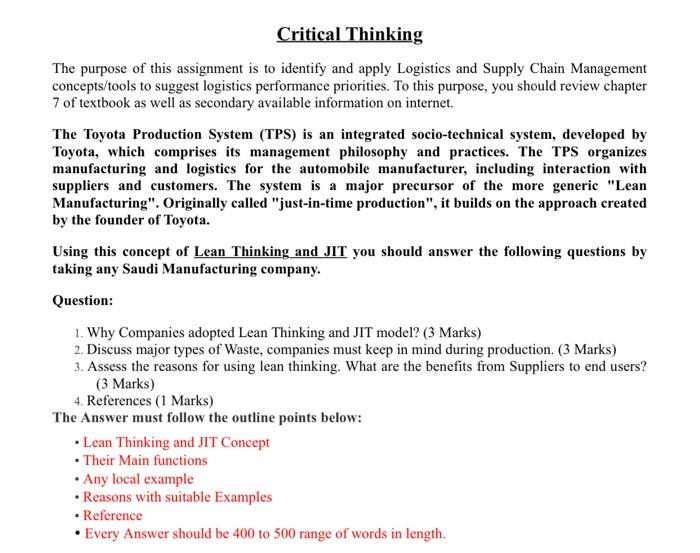 Critical Thinking The purpose of this assignment