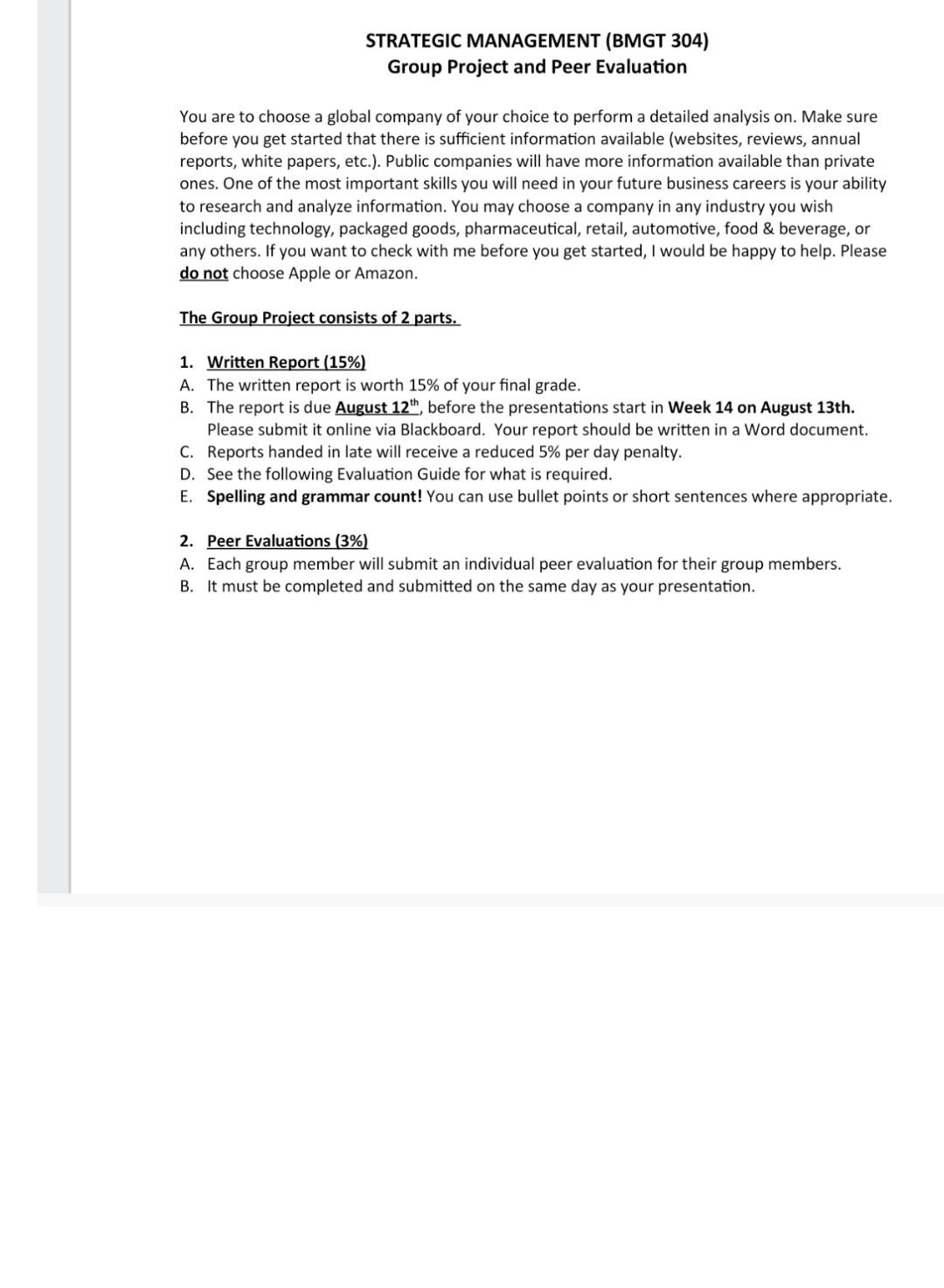 STRATEGIC MANAGEMENT (BMGT 304) Group Project and