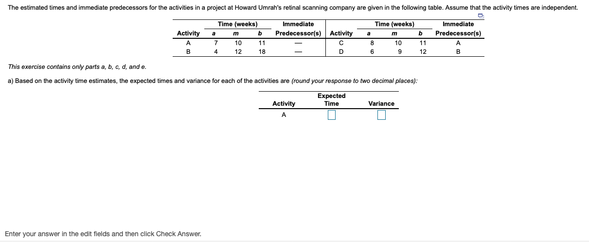 The estimated times and immediate predecessors