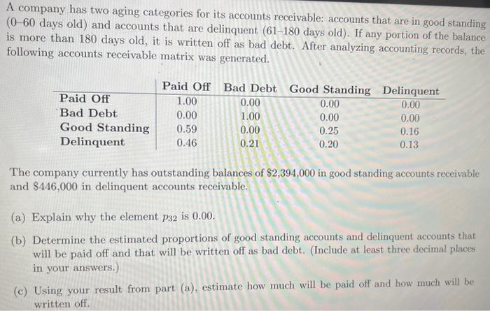 A company has two aging categories for accounts
