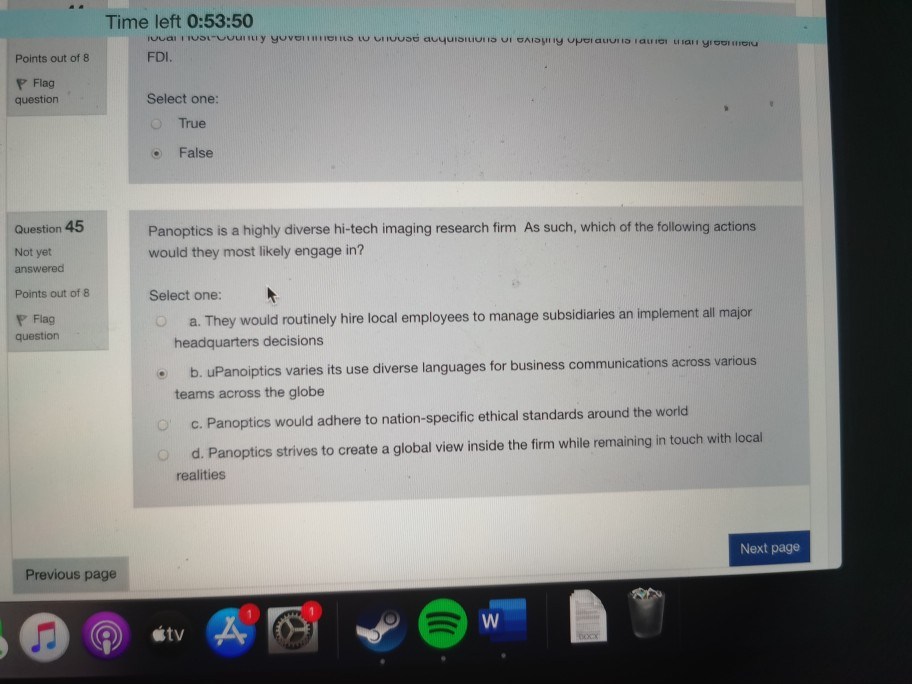Business management Time left 0:53:50 y y 13 FDI.