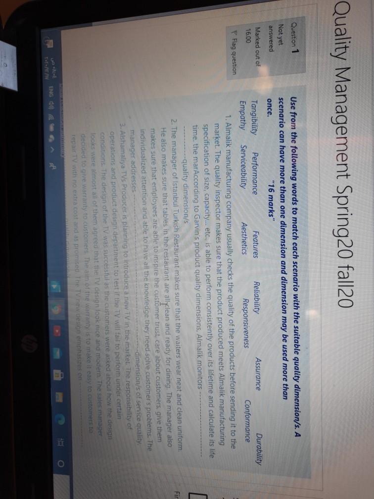 Quality Management Spring 20 fall20 Question 1