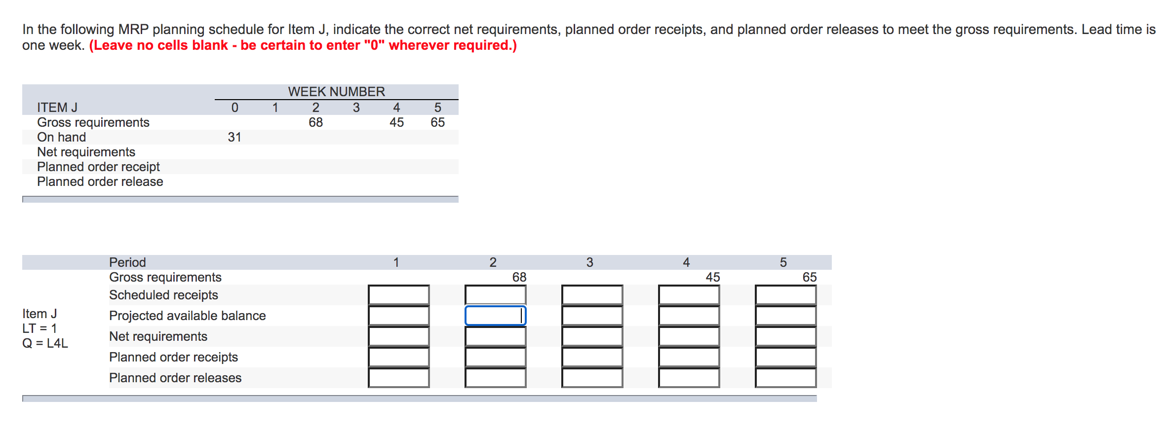 In the following MRP planning schedule for Item