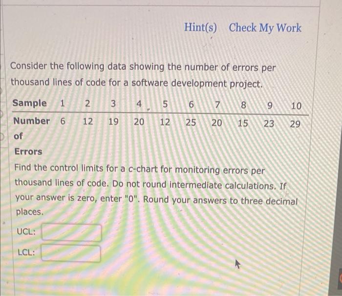 Hint(s) Check My Work Consider the following data
