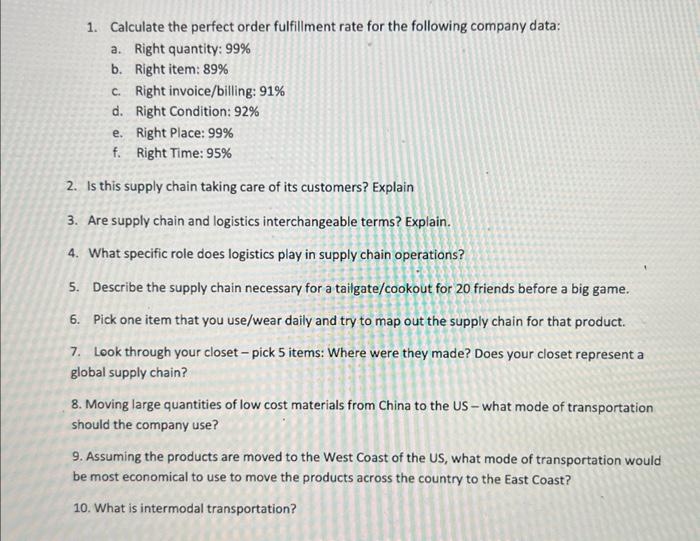 1. Calculate the perfect order fulfillment rate
