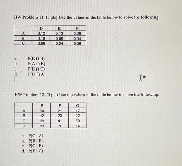 HW Problem 11. (5 pts) Use the values in the