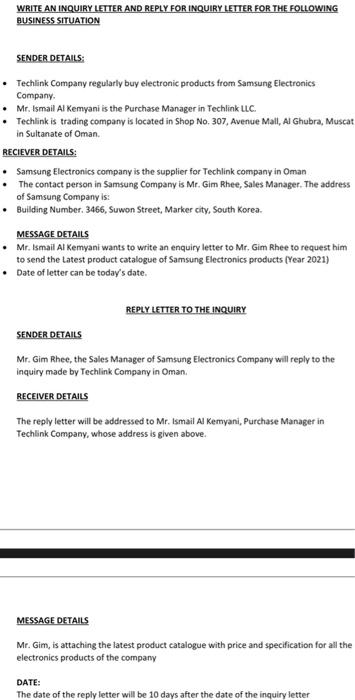 please answer all questions WRITE AN INQUIRY