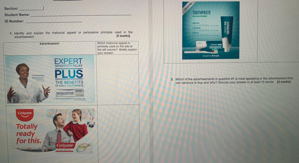 TOOTHPASTE Section: Student Name: ID Number: