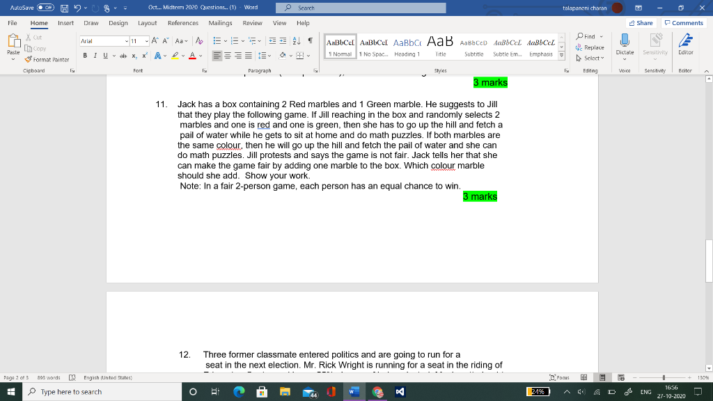 Jack has a box containing 2 Red marbles and 1