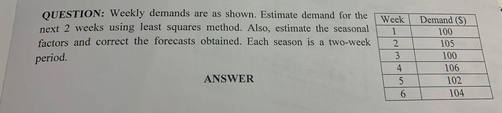 QUESTION: Weekly demands are as shown. Estimate