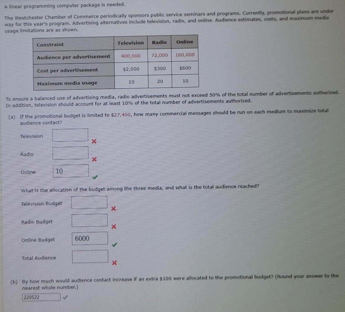 A linear programming computer package is needed.